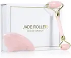Jade Rol|ler for Face and Gua Sha Scraping Massager Set - 100% Natural Rose