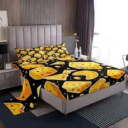 Feelyou Cheese Bed Sheets Full Size Cartoon Cheese Sheet Set for Kids Boys Girls Teens Toddler Yummy Food Bed Set Black Yellow Sheets 4Pcs,1 Fitted Sheet+2 Pillow Sham+1 Flat Sheet