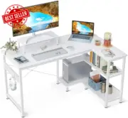 L-Shaped Computer Desk with Reversible Storage Shelves, Monitor Stand, White