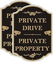 Private Property Drive Signs - Outdoor Metal Video Surveillance - 10" x 14" Private Driveway Sign - No Trespassing & No Soliciting - Sturdy 2 Pack