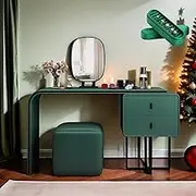 Dressing Table，Makeup Vanity Desk with Mirror & Lights Brightness Adjustable,2 Drawers,1 Stool, Pack of Ring Box