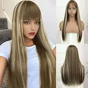 BECUS 24 Inch Long Straight Wigs for Women Highlight Balayage Golden Brown Synthetic Hair Wig With Bangs For daily wear or Cosplay