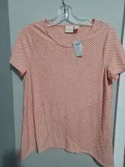 NWT Chicos Size 1 Peach & White Stripe Short Sleeve Knit Top Shark Bite