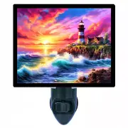 Decorative Photo Night Light, Lighthouse and Nature, Sunset, Ocean Waves