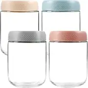 16 Oz/480ml Glass Jars with Lids, 4 Pack Overnight Oats Container Jar, Small Glass Container for Overnight Oats, Canisters Set for Snacks, Cereal, Fruit, Salad, Sugar, Tea