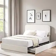 Queen Size Boucle Upholstered Platform Bed Frame, with 4 Drawers Storage, Curved Stitched Tufted Headboard, Wooden Slat Mattress Support, Noise Free, Easy Assembly, No Box Spring Needed, Ivory