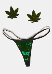 [Neva Nude] Green Sequin Weed Leaf Pasties & Thong Set