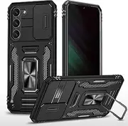 Slide Camera Cover for Samsung Galaxy S24,Kickstand with Built-in 360° Rotate Magnetic Ring Stand Shockproof Protective Armor Cover,Black