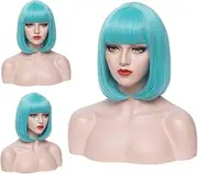 PATTNIUM 12 Inches Light Blue Bob Wig With Bangs for Women and Girls - Heat Resistant Synthetic Teal Short Wig (Light Blue)