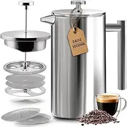 Utopia Kitchen - 304 Grade Stainless Steel French Press Coffee Maker 34oz (1 Litre) with 4 Level Filtration System - Double Wall Insulated Coffee Press with 2 Extra Filters - Silver