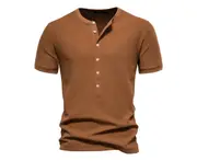 Waffle Henley Pattern Men's Casual Crew Neck Knit Short Sleeve T-Shirt-Earthy yellow