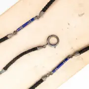 Sterling Silver, Blue Bead, and Black Cord Necklace w/Antique Pocket Watch Fob