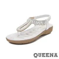 在飛比找momo購物網優惠-【QUEENA】坡跟涼鞋 夾腳涼鞋/華麗水鑽宮廷風夾腳坡跟涼
