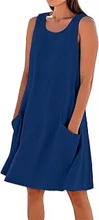 [Generic] Winter Dress for Women Plus Size Loose Beach Vacation Clothes Casual Sleeveless Linen Sundresses with Pockets and Floral Dresses for Women