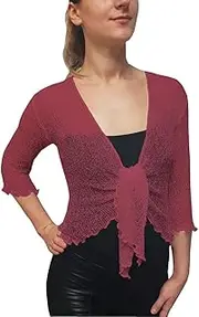 [Mimosa] Ladies Crochet Shrug Bolero Glitter or Plain Super Stretchy Lace Fish Net Tie at Waist Bolero Open Cardigan Fits UK 6-28