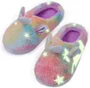 [ACTLATI] Girls Unicorn Slippers Fuzzy Fluffy Slippers Rainbow Home House Slippers with Anti Slip Soles Glow in the Dark for Kids Children Toddller