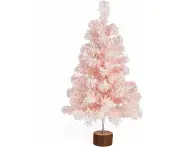 Table Top Pink Artificial Christmas Tree, 2 Ft Small Mini Pink Xmas Tree with Flocking Snow Frost and Plastic Stand for Porch Coffee Table Centerp