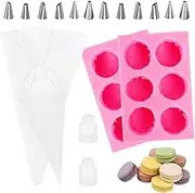 2 Pack 3D Macaron Silicone Moulds with 6 Cavities Macaron Fondant Candy Mold with 2 Piping Bags and 12 Nozzles, Macaron Cake Decorating Mould for Hamburger Muffin Chocolate Candle Soap