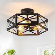 Tradetop Semi Flush Mount Ceiling Light, 3-Light Modern Farmhouse Black Light Fixture Ceiling Mount, Industrial Metal Close to Ceiling Lamp with Hexagonal Cage for Kitchen Hallway Bathroom