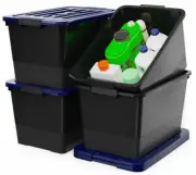 53 Quart Stackable Plastic Storage Bins with Blue Lids, 4 Pack Black Containe...