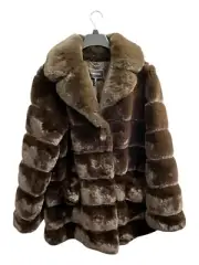 BCBGMAXAZRIA Faux Fur Coat Womens L Brown Lined Mid Length Old Money Mob Wife