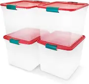 4 Pack Plastic Storage Bins with Latching Lids, Clear/Red – Stackable Seasonal H
