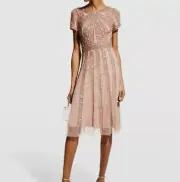 $440 Aidan Mattox Women's Pink Beaded Short-Sleeve A-Line Dress Size 2