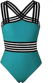 [Hilor] Women's One Piece Swimwear Front Crossover Swimsuits Hollow Bathing Suits Monokinis Bluebird Blue L/AU14-16