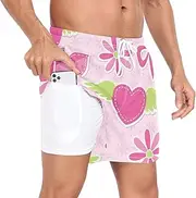 [GuoChe] Swimming Shorts for Men Men's Lined Running Shorts Valentine's Day Pink Doodle Hearts Bows Flowers with Compression, Valentine's Day Pink Doodle Hearts Bows Flowers, Large