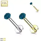 Natural Blue Diamond 14K Gold Threadless Push-in Labret 18 GAUGE, Flat Back Stud
