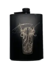 Black Metal Flask, Laser Engraved Drunk Octopus