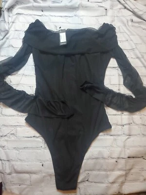 Boohoo Womens 10 Mesh Sleeve off the shoulder Bodysuit Black Long Sleeve Stretch