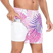 [GuoChe] Mens Swimsuit Trunks Mens Lined Running Shorts Valentine's Day Palm Leaves Purple Pink with Compression Liner, Valentine's Day Palm Leaves Purple Pink, Medium