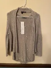 Eileen Fisher Silver Sequin Chain Mail Knit Tank M And Matching Cardigan L NWT
