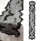 Scary Halloween Black Tablecloth with Spiders Webs and Bat Pattern 13x68inch