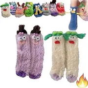 [HELVES] 2Pairs Warm Cozy Fluffy Cartoon Monster Socks,Coral Velvet Three-Dimensional Quirky Socks,Winter Funny Fuzzy Cozy Socks, Christmas & New Year (F)
