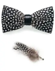 RBOCOTT Mens Handmade Feather Pre-tied Bow tie and Brooch Sets (black/white-1)