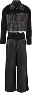 [Generic] Women's Contrasting Splicing Plus Size PU Leather Jacket Two-Piece Set with Lapel and Wide Leg Pants Set