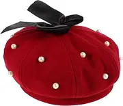 [BESPORTBLE] Women's Pearl Beret Hat Bowknot Classic Octagonal Cap Fashionable Newsboy Hat for Casual Formal Wear Dark Red