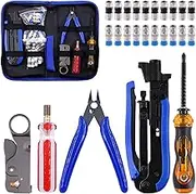 Tanstic 25Pcs Coax Cable Crimper Tool Kit, Including Coax Crimping Pliers and Coax Wire Stripper, Wire Cable Cutters F Compression Connectors and Screwdriver for Cable TV Video Audio