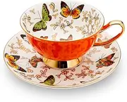 LURRIER Coffee Cup Mug with Saucer for Latte, Cappuccino Tea with Butterflies 6.8 Oz Fine Bone China, Dishwasher Safe, Reactive Glaze, 1 Pcs
