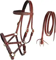 Horse Western Leather Tack Studded Bitless Sidepull Bridle Reins Brown 77RS03