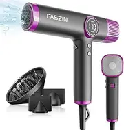 [Faszin] Hair Dryer, Lightweight Blow Dryer with 110,000 RPM High-Speed for Fast Drying, 200 Million Ionic Hairdryer with Auto-Clean, Low Noise, 3 Magnetic Nozzles for Travel, Salon, Home (Gray)
