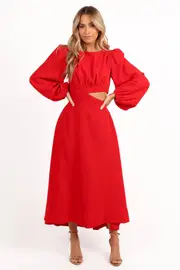 [PUP56] Ginnee Puff Sleeve Cutout Midi Dress - Red XS Red