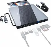 Unitek External CD DVD Drive, USB3.0/USB C 6-in-1 Portable CD DVD Player with Card Reader USB Hub CD ROM Burner Reader Supports Windows11/10/8.1/8/7/vista/2003/XP/2000/,Linux,Mac 10 OS
