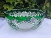 VINTAGE BOHEMIA TRADITIONAL DECOR EMERALD GREEN 24% LEAD CRYSTAL ROUND BOWL 8"
