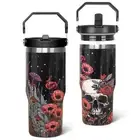 Skull Tumbler with Handle & Flip Straw Goth Poppy Skull Gifts Coffee Travel M...