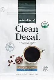 Natural Force Organic, Mold Free Clean Decaf Coffee – Low Acid, Whole Bean, Swiss Water Process Medium Roast - Great Taste + Aroma - Tested for Toxins and Powered by Purity - 12 Ounce Bag