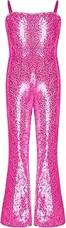 [Manyakai] Kids Girls Movies Babydoll Dance Jumpsuits Spaghetti Straps Full Shiny Sequins Bell Bottom Bodysuits
