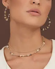 Fine Layered Stone Chain Necklace - Grey/Gold